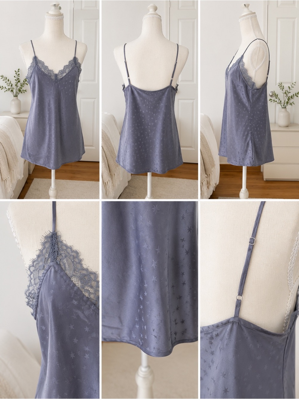 PAIGE Slate Blue Star-Print Satin Lace-Trim Chemise